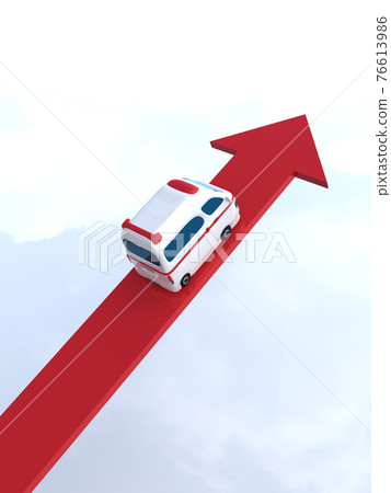 一輛可愛的救護車在箭頭上行駛，直線圖向右上升，CG 插圖垂直 76613986