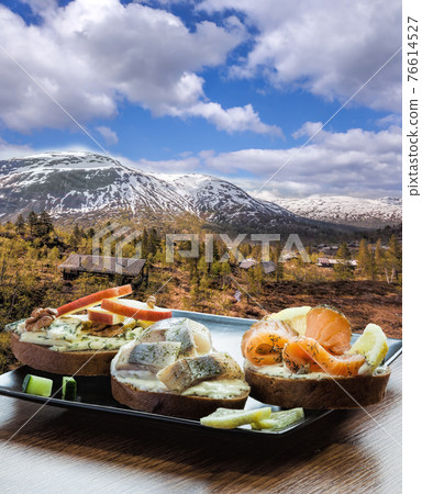 Typical Scandinavian sandwiches against small village on railroad from Flam to Myrdal in Norway. Typical Scandinavian sandwiches against small village on railroad from Flam to Myrdal in Norway. 76614527