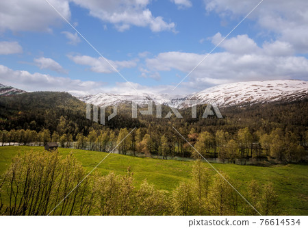 Norway with landscape during spring time. Railroad from Flam to Myrdal in Norway Norway with landscape during spring time. Railroad from Flam to Myrdal in Norway 76614534