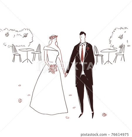 Couples holding hands, bride and groom, weddings, marriages, bouquets, people, garden weddings, 76614975