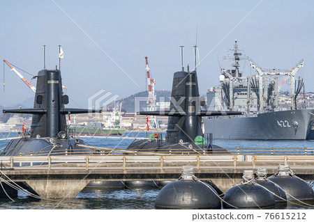 Submarine anchored at the Maritime Self-Defense Force Kure Base Pier in Kure City, Hiroshima Prefecture Submarine anchored at the Maritime Self-Defense Force Kure Base Pier in Kure City, Hiroshima Prefecture 76615212