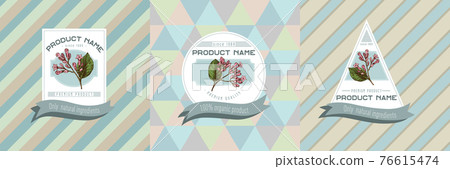 Three colored labels with illustration of cinchona Three colored labels with illustration of cinchona 76615474