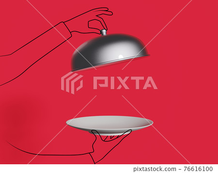 3D and doodles of side view of a waiter holding an empty plate against red background 76616100