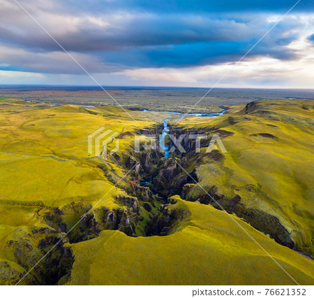 Aerial view of Fjadrargljufur canyon in Iceland Aerial view of Fjadrargljufur canyon in Iceland 76621352