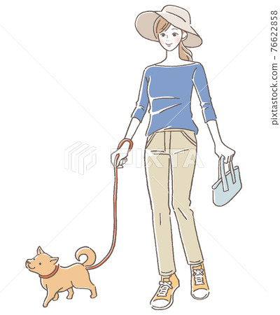 A woman walking a dog 76622858