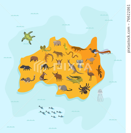 Animal map of australia. Nature fauna cartography concept . Geographical map with local fauna. Continent with mammals and sea life. Vector illustration in kids style 76622861