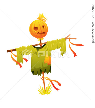 Scarecrow was put on a stick. Stylized cartoon character. Vector icon for decoration rural meadow 76622863