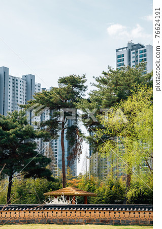 Hwarang Recreation Area park and modern apartment buildings in Ansan, Korea Hwarang Recreation Area park and modern apartment buildings in Ansan, Korea 76624191