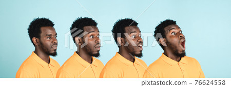 Portrait of African man isolated on blue studio background with copyspace. Collage Portrait of African man isolated on blue studio background with copyspace. Collage 76624558