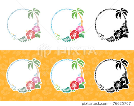 芙蓉與棕櫚樹裝飾框_圓框_插畫素材套裝 76625707
