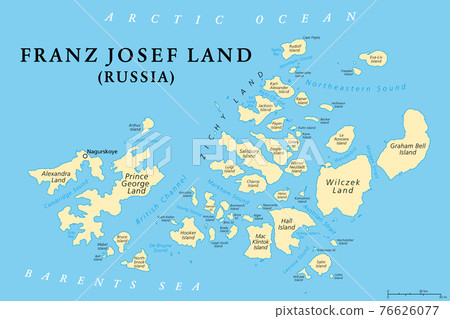 Franz Josef Land, political map. Russian archipelago in the Arctic Ocean, northernmost part of Arkhangelsk Oblast, with largest island Prince George Land, and Nagurskoye air base. Illustration. Vector 76626077