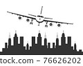 Airplane flying over a urban city. 76626202