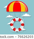 Life buoy with parachute in the sky. 76626203