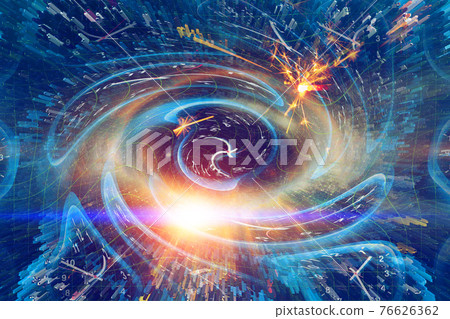 Spacetime Scifi Digital Arts concept, Twist clock time distortion warp on space bended curved as hole represent Space and Times of Einstein Theory 76626362