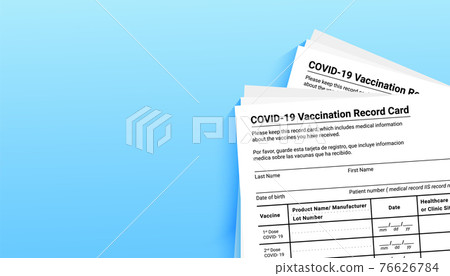 Coronavirus vaccination record card on blue background with copy space for travel and movement without borders. Vaccination form during the coronavirus covid 19 epidemic 76626784