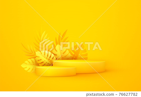 Minimal yellow scene with geometric shapes and palm leaves. Cylindrical podium on a yellow background. 3D stage for displaying a cosmetic product 76627782