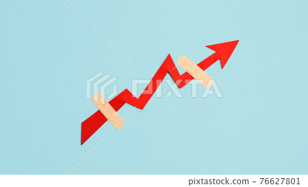 Global economy recovery, Business Economic growth. Financial, industrial and market sector comeback and upturn concept. Paper red arrow graph with medical plaster going upward in blue background Global economy recovery, Business Economic growth. Financial, industrial and market sector comeback and upturn concept. Paper red arrow graph with medical plaster going upward in blue background 76627801
