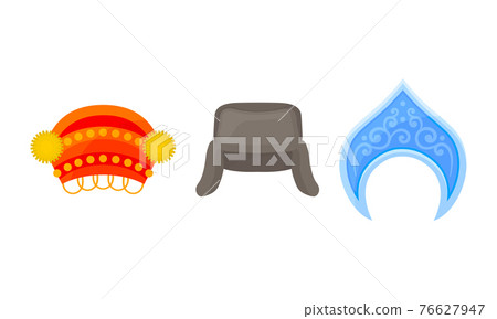 Various National Headdress with Kokoshnik and Fur Hat with Earflaps Vector Set Various National Headdress with Kokoshnik and Fur Hat with Earflaps Vector Set 76627947