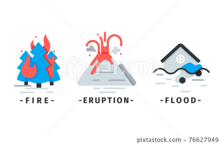 Natural Disaster Icons with Volcano Eruption and Fire Vector Set Natural Disaster Icons with Volcano Eruption and Fire Vector Set 76627949