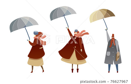 People Characters Struggling to Hold Umbrella in Windy and Stormy Weather Vector Illustration Set People Characters Struggling to Hold Umbrella in Windy and Stormy Weather Vector Illustration Set 76627967
