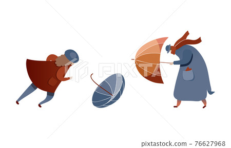 Male and Female Struggling to Hold Umbrella in Windy and Stormy Weather Vector Illustration Set Male and Female Struggling to Hold Umbrella in Windy and Stormy Weather Vector Illustration Set 76627968
