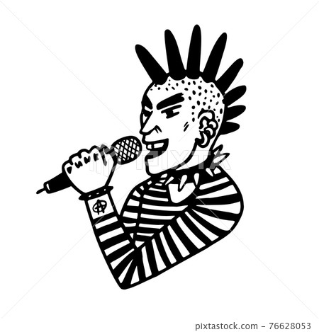 Punk rock collection. Portrait of a punk rocker guy singer with mohawk and microphone on white background. Vector illustration. Punk rock collection. Portrait of a punk rocker guy singer with mohawk and microphone on white background. Vector illustration. 76628053
