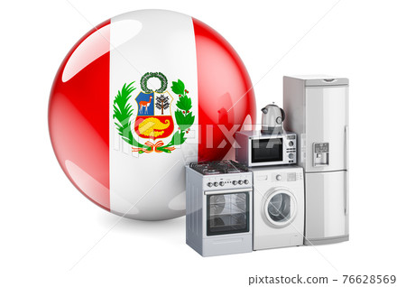 Kitchen and household appliances with Peruvian flag. Production, shopping and delivery of home appliances in Peru concept. 3D rendering Kitchen and household appliances with Peruvian flag. Production, shopping and delivery of home appliances in Peru concept. 3D rendering 76628569