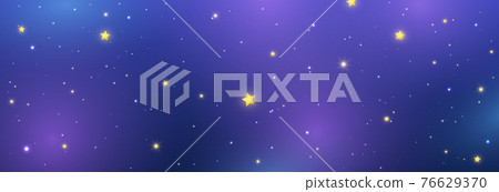 Night sky long banner with shiny stars. Space texture. Blue galaxy background. Cosmos backdrop. Magic light pattern. Universe template. Vector illustration Night sky long banner with shiny stars. Space texture. Blue galaxy background. Cosmos backdrop. Magic light pattern. Universe template. Vector illustration 76629370