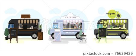 Set of vector food trucks with pizza, donuts and ice cream. Vector flat illustration of a fast food place on wheels with a striped awning and an advertising stand with a menu. Stylish retro Set of vector food trucks with pizza, donuts and ice cream. Vector flat illustration of a fast food place on wheels with a striped awning and an advertising stand with a menu. Stylish retro 76629429