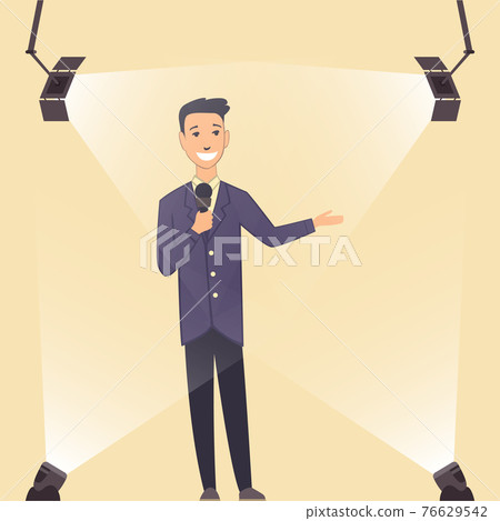 Television show. Young presenter or performer on a standup show on stage. Man in classic style clothes. Cartoon character in the spotlight Television show. Young presenter or performer on a standup show on stage. Man in classic style clothes. Cartoon character in the spotlight 76629542