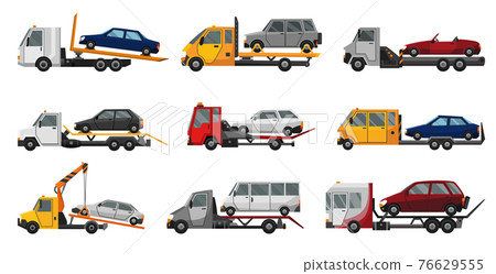 Collection of tow trucks. Flat faulty car loaded on a tow truck. Vehicle repair service which provides assistance damaged or salvaged cars 76629555