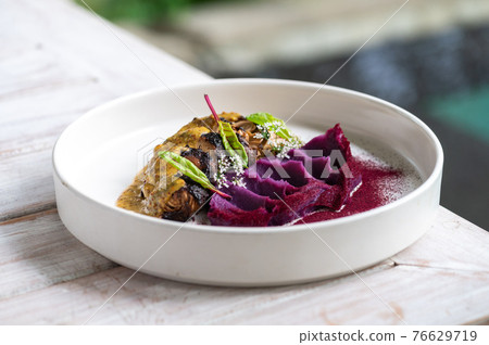 Plant based vegan cuisine. close up photo 76629719