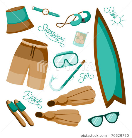 Vector set of summer beach elements and summering words beach, sun, sea, summer. Vector set of summer beach elements and summering words beach, sun, sea, summer. 76629720