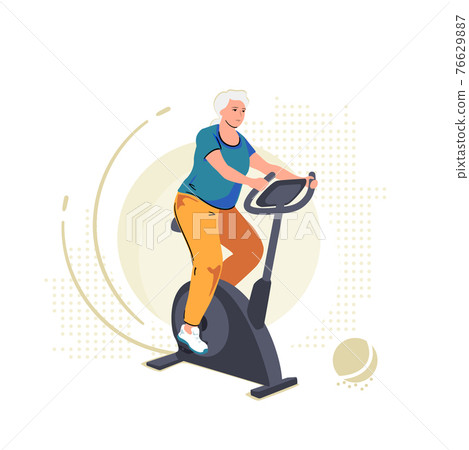 Elderly senior woman on exercise bike. Home workout training on stationary bicycle. Sport indoor retirement, active mature pensioner illustration. Cardio cycling person, isolated vector concept Elderly senior woman on exercise bike. Home workout training on stationary bicycle. Sport indoor retirement, active mature pensioner illustration. Cardio cycling person, isolated vector concept 76629887