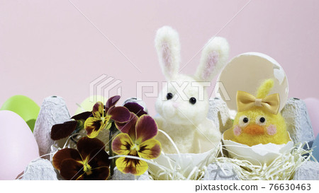 Easter eggs, chicks and white rabbits (Easter material) 76630463