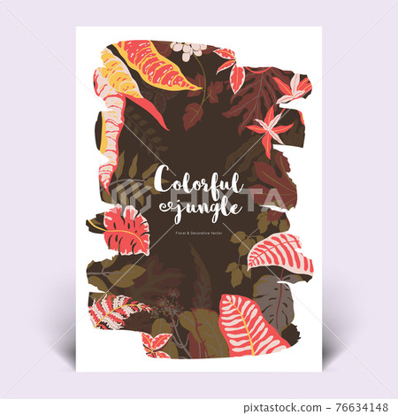 Colorful botanical invitation card template design, hand drawn tropical plants 76634148