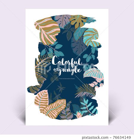 Colorful botanical invitation card template design, hand drawn tropical plants 76634149