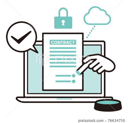Illustration of stamping an electronic seal on a document with a laptop computer connected to a highly secure cloud 76634750