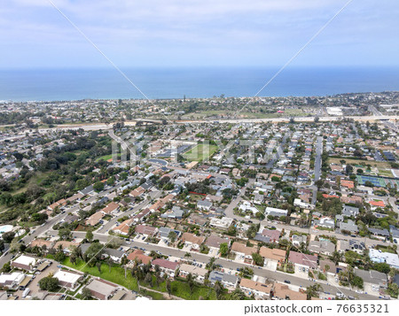 Aerial view of Cardiff, community in the incorporated city of Encinitas in San Diego County 76635321