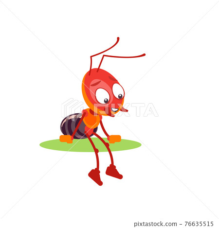 Ant cartoon style illustration isolated on white background. A happy, cheerful insect sits on a leaf and rests after a hard day's work 76635515