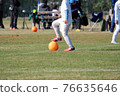 A boy kicking a soccer ball in a soccer match 76635646