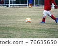 A boy kicking a soccer ball in a soccer match 76635650