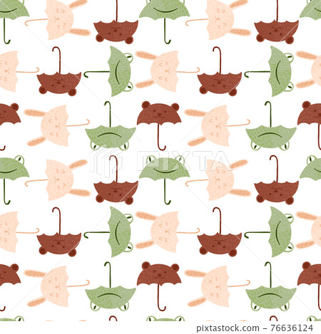Seamless pattern umbrellas animals on white background. Funny cartoon characters bunny, frog and bear. 76636124