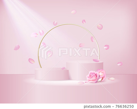 A soft pink double podium with a gold round frame and white feathers. Realistic vector background, 3d illustration. 3D Sample escenary for product advertising with roses and petals A soft pink double podium with a gold round frame and white feathers. Realistic vector background, 3d illustration. 3D Sample escenary for product advertising with roses and petals 76636250