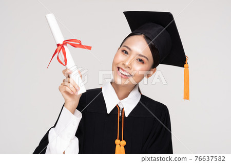Beautiful Attractive Asian woman graduated in cap and gown smile with certificated in her hand feeling so proud and happiness,Isolated on white background,Education Success Concept 76637582