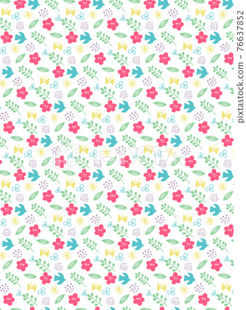 Simple motif pattern of spring-colored flowers and birds Simple motif pattern of spring-colored flowers and birds 76637852