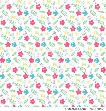 Simple motif pattern of spring-colored flowers and birds Simple motif pattern of spring-colored flowers and birds 76637857