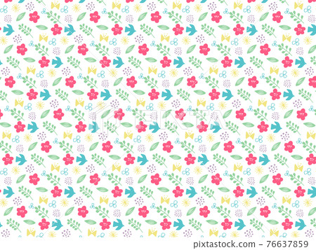 Simple motif pattern of spring-colored flowers and birds Simple motif pattern of spring-colored flowers and birds 76637859