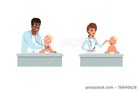 Man and Woman Pediatrician or Medical Doctor Performing Baby Checkup and Examination Vector Set Man and Woman Pediatrician or Medical Doctor Performing Baby Checkup and Examination Vector Set 76640626
