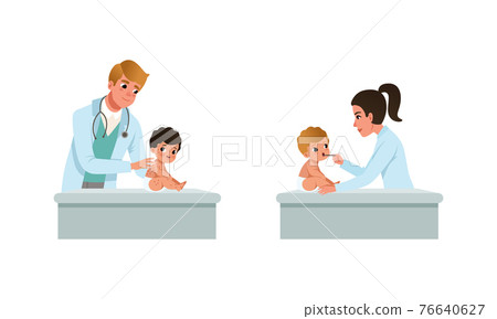 Man and Woman Pediatrician or Medical Doctor Performing Baby Checkup and Examination Vector Set Man and Woman Pediatrician or Medical Doctor Performing Baby Checkup and Examination Vector Set 76640627